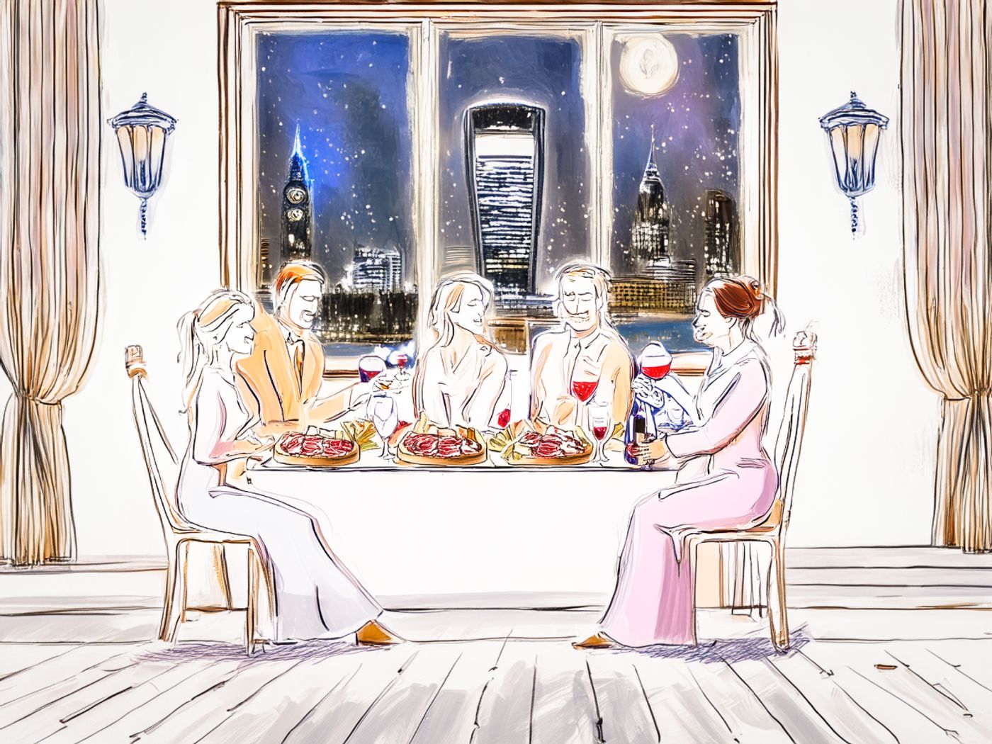 Stylised representation of people dining indoors in London